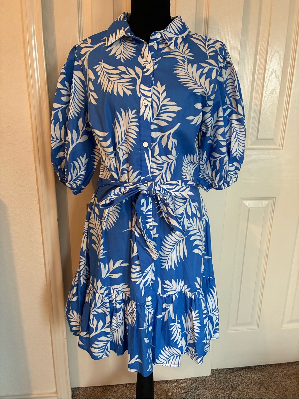 100% Cotton Blue & White Leaf Print Shirt Dress with Tie Waist